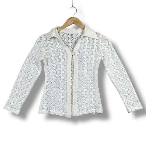 Pola Womens Lace Cardigan Button Up White Collared Top Size S Cottagecore Boho