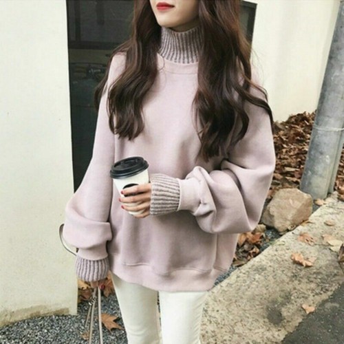 Lockerer Pullover Sweatshirt Strick Rollkragen Freizeit Oberteil Winter schwarz für Damen - Bild 6 von 27