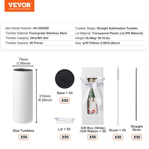 VEVOR 50Pack Straight Sublimation Tumblers Bulk Blank 20oz Stainless Steel White - Picture 7 of 12