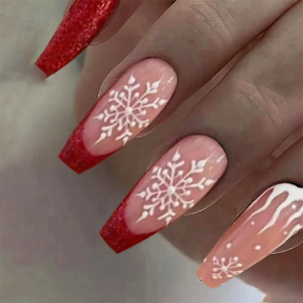 Red acrylic nails coffin with glitter outlet
