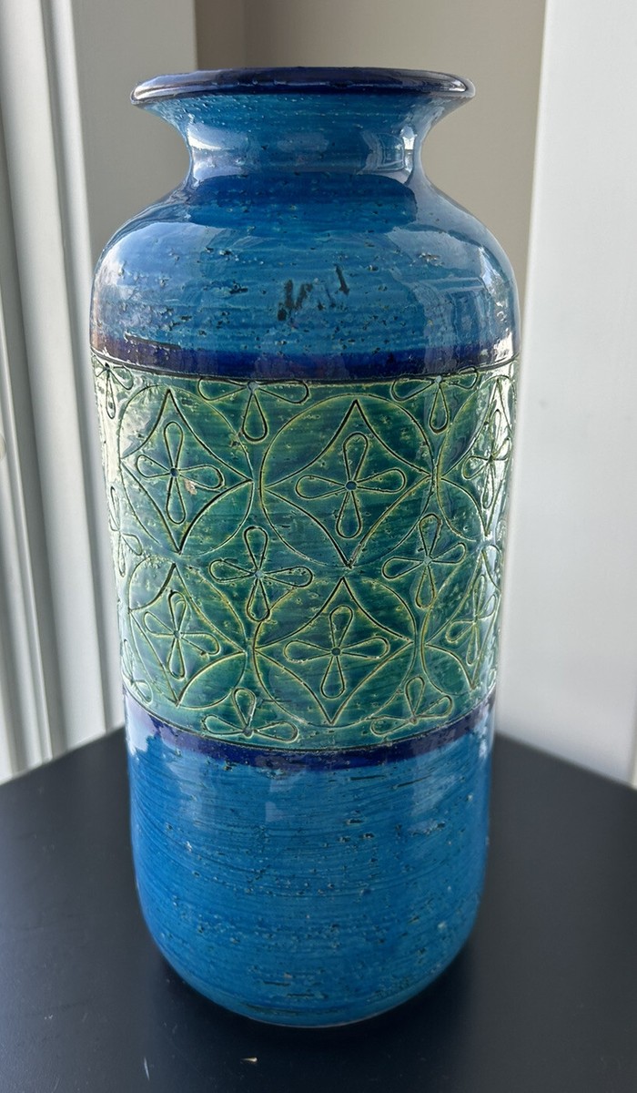 Vintage Bitossi Pottery Aldo Londi Blue Green Vase Flowers - 11.75