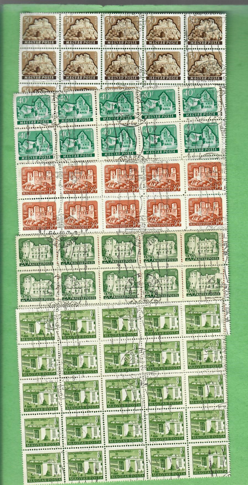 MAGYAR POSTA HUNGARY BUDAPEST 5 BLOCKS OF 25 STAMPS 8F, 20F, 30F, 40F