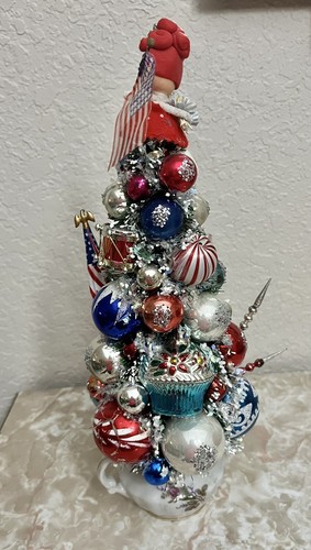 12 1/2” Patriotic Bottle Brush Tree Glass Ornaments Jewels Flags Red White Blue - Picture 6 of 18