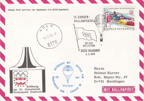 Österreich Brief Spezial Olympische Ballonfahrt Innsbruck 1976