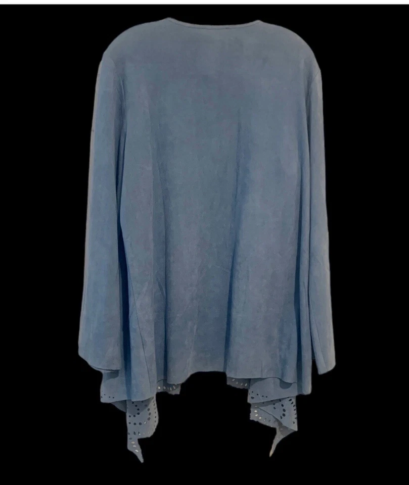 Cárdigan abierto Alberto Makali imitación gamuza azul polvoriento borde festoneado chaqueta XL Foto 3 de 4
