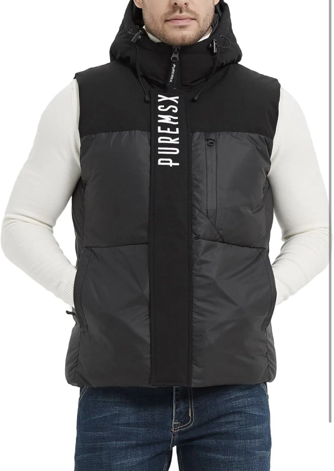 PUREMSX Mens Puffer Vest, Winter Warm Padded Hooded Vest