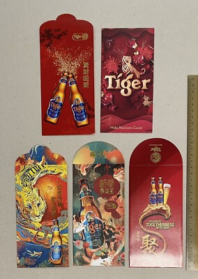 old Chinese New Year Red Packet envelope x 5 diff , Tiger Beer Singapore