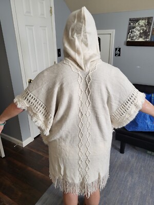 Classic Knit Button Hooded Pancho Shawl Sweater Cloak Cape Fringed (Size Large)