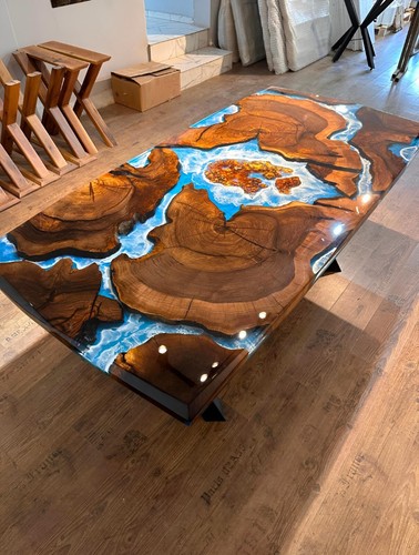 Ocean Epoxy Resin Dining Table – Customizable Walnut Wood with Blue Epoxy Design - Picture 2 of 12