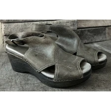 Dansko Vanda Wedge Sandal 9 EU 39 Stone Grey Peep Toe Ankle Strap Comfort Shoes