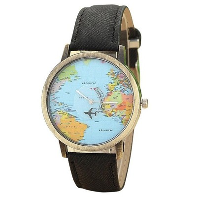Unisex Retro Bronze Case Global Travel by Plane World Map PU Leather Black 