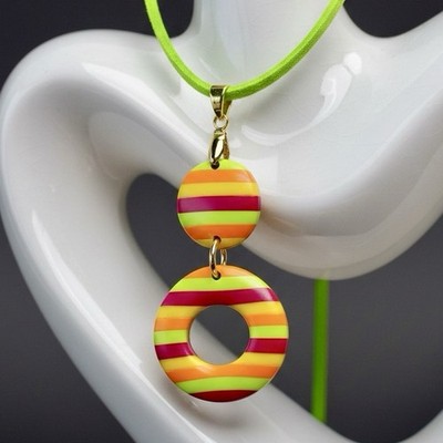 Handmade Rainbow Striped Round Polymer Clay Large Pendant Necklace on Cord SS