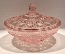 INDIANA GLASS WINDSOR PINK PEACH BALLAD CANE & BUTTON COVERED CANDY DISH VTG