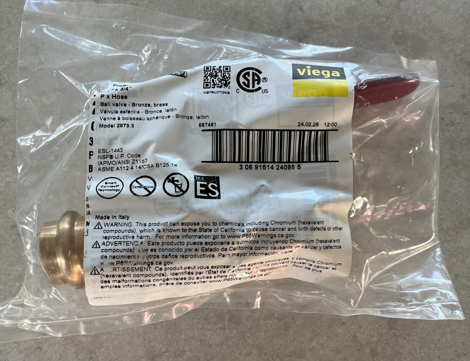 Viega ProPress 3/4" x 3/4" Bronze/Brass Ball Valve P x HOSE (24095)