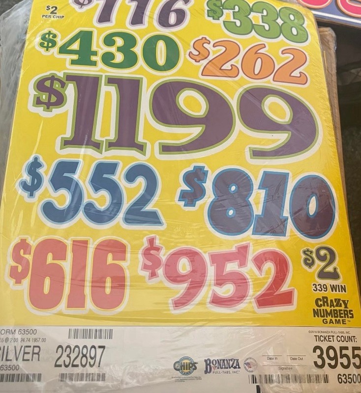 Bonanza Pull-Tabs Crazy Numbers Game Yellow Sheet 3955 Tickets Winner 339