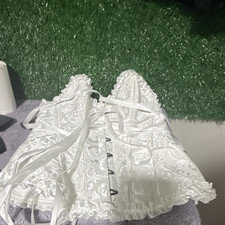 White Floral Jacquard Overbust Lace-Up Boned Corset w/ Ruffle Accent Size S