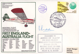 Auster G AOHF Flown Cover: ENGLAND TO AUSTRALIA SOLO FLIGHT Pilot Signed