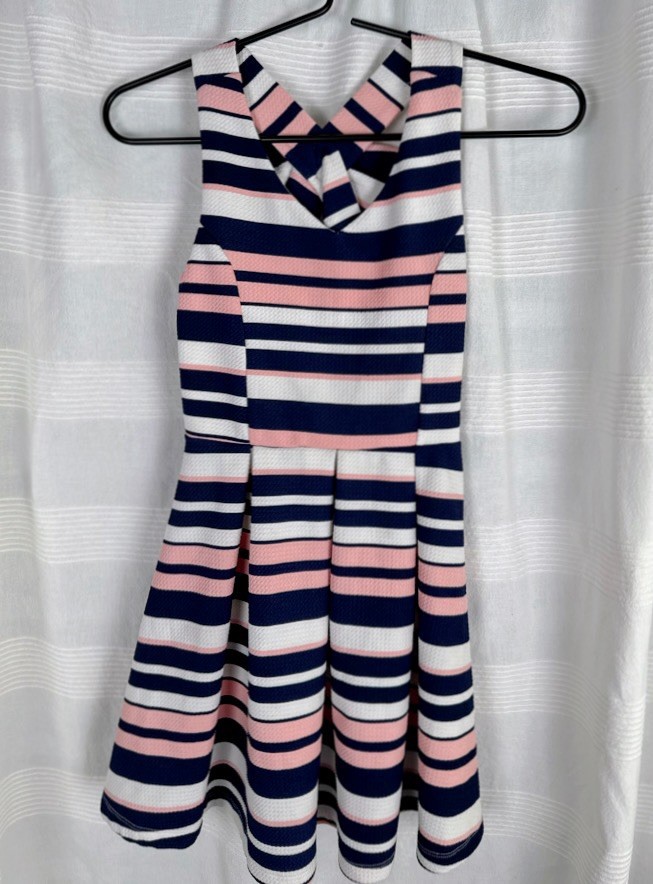 Zunie Girls Fit & Flare Dress Striped Navy Pink White Bow Midi Church Size  10 | eBay