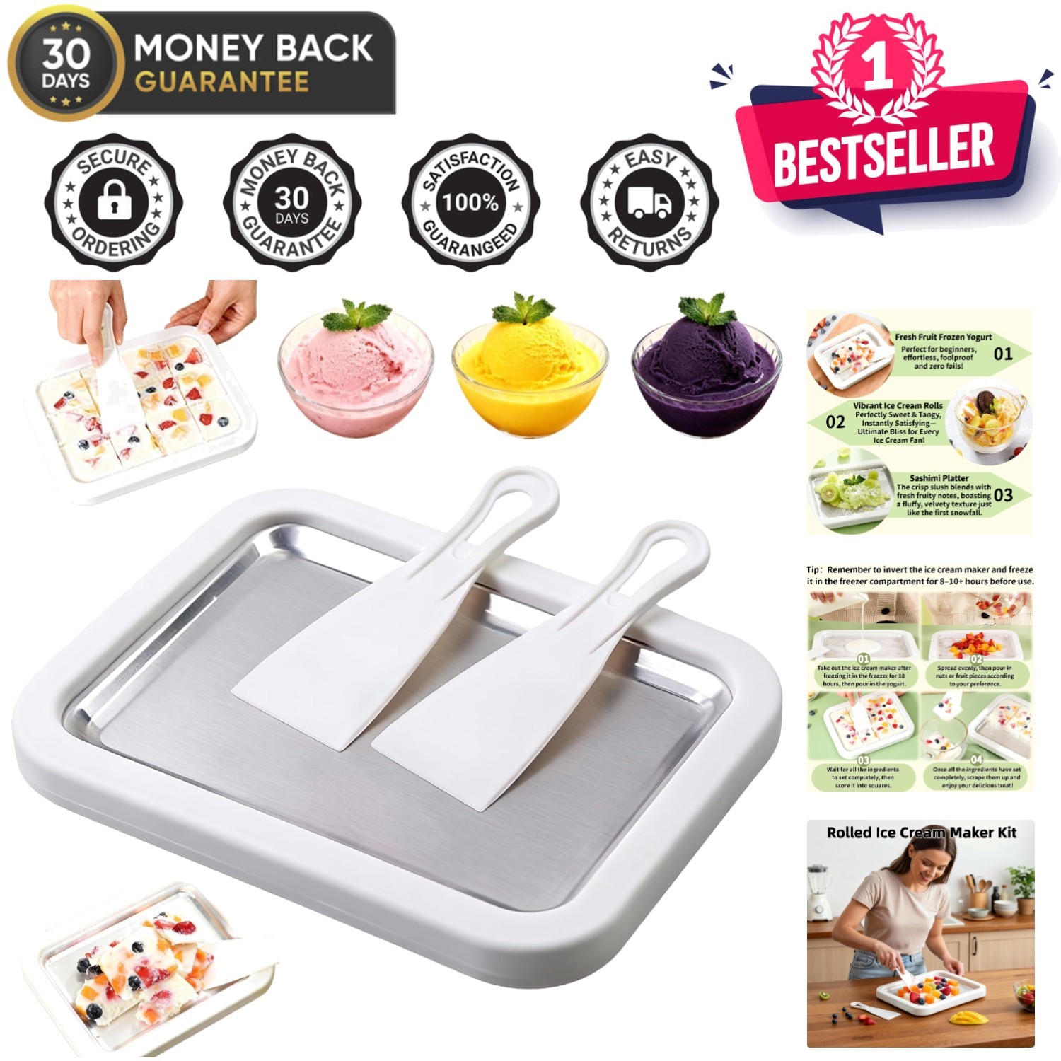 Instant Freeze Rolled Ice Cream Maker - Complete DIY Kit with Scrapers & Tray