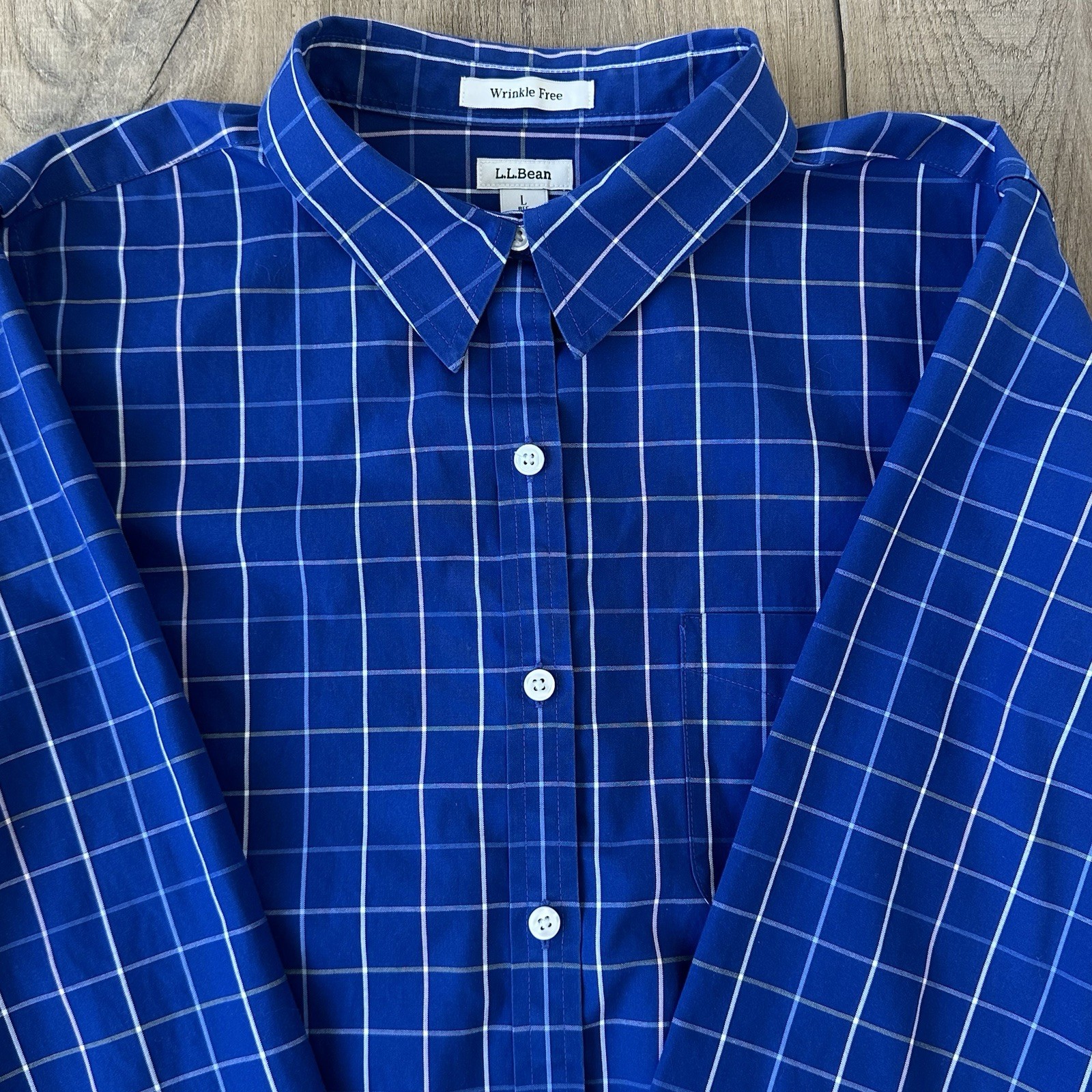 LL Bean Wrinkle-Free Button Down Mens Shirt Size Large Blue White Plaid EUC!