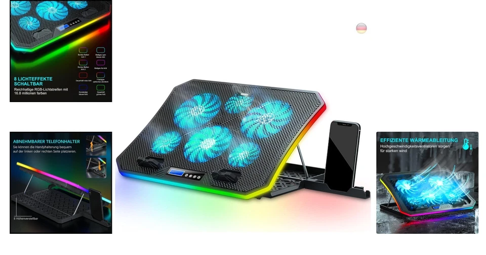 Laptop Kühler RGB Notebook Kühlpad Höhenverstellbar Lüfter, 17 Zoll, Eisblau - Bild 2 von 4