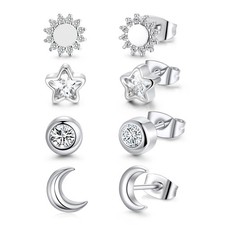 4 Pairs White Gold Star Moon Sun Stud Earrings for Women Hypoallergenic Silver C