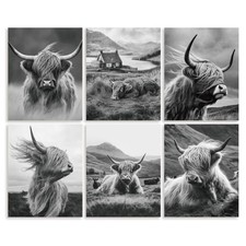 6 Pcs Highland Cow Canvas Wall Art Prints 8 x 10 Inch Grey