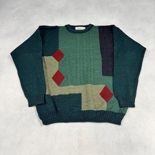 Vintage Abstract Knitted Jumper Patterned Grandad Knit Sweater Men's L