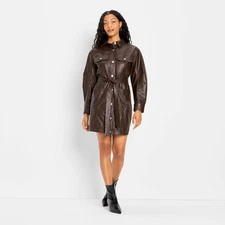 Women's Long Sleeve Faux Leather Mini Shirtdress - Future Collective Brown S