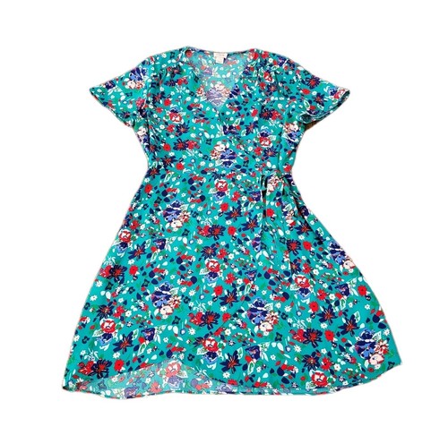 Vestido J Crew Factory Azul Teal Rojo Estampado Floral Manga Corta Verdadero Envolvente Talla 8 - Imagen 1 de 10