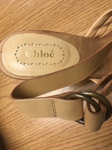 Chloe Wooden Heel Platform Peeptoe Slingback Heels, Beige Nude, 38.5 - Picture 6 of 8