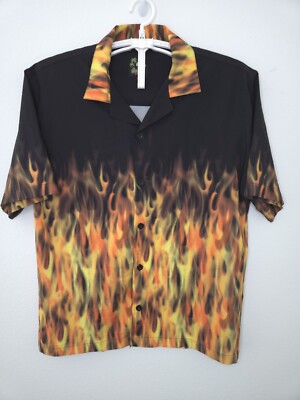*1/2 OFF* Benny s Men Medium Black Orange Flames Fire Button Up Shirt M185