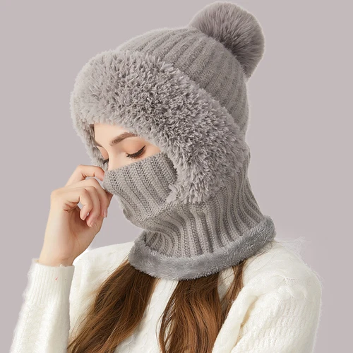 Winter Knit Hat with Fleece Lining and Ear Flaps 3-in-1 Beanie Scarf Mask Set - Picture 12 of 25