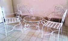 Tavolo tondo, basso,+ 4 sedie poltrone in ferro pieno forgiato e battuto a mano 