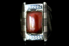 Vintage Afghan Tribal Niello Silver Ring with Carnelian, Ethnic Sterling Silver