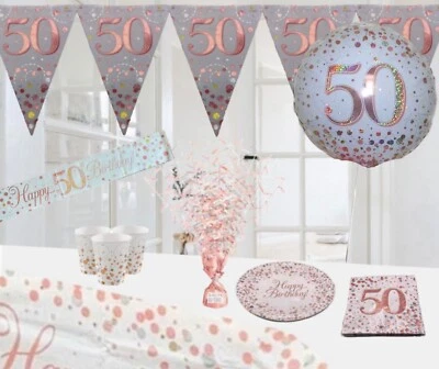 OAKTREE Age 50 & happy birthday white rose gold party decorations balloon bunting banner