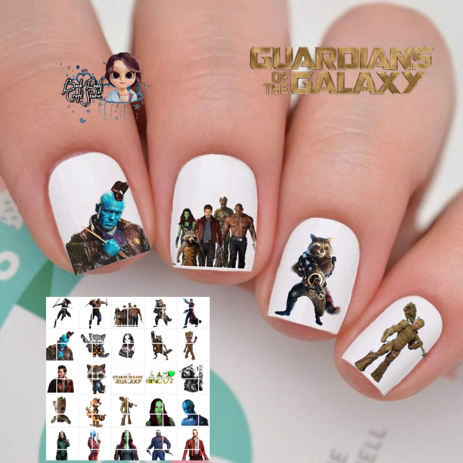 Guardians of the Galaxy waterslide nail decals set of 50 with instructions and bonus designs