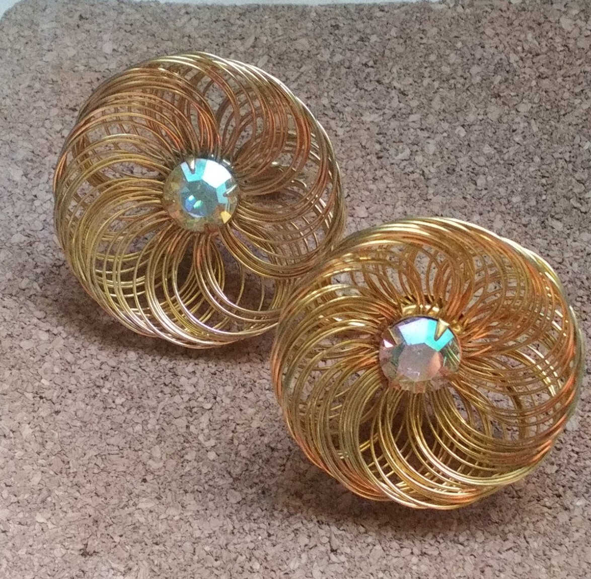 Ab Gold Vintage SAC Gold Plated AB Rhinestone Spun Wire Flower Earrings. F2024 ...