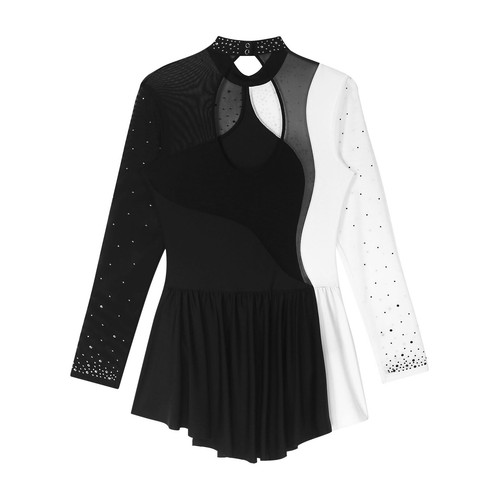 Women Shiny Rhinestone Figure Ice Skating Dress Irregular Hem Ballet Leotard - Picture 70 of 125