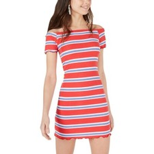 Ultra Flirt Junior Women XXS Red Blue Striped Off The Shoulder Ruffle Dress NWT