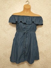 Express Cold Shoulder Dress. Ruffled Belted Button Faux Blue Denim. Size Small