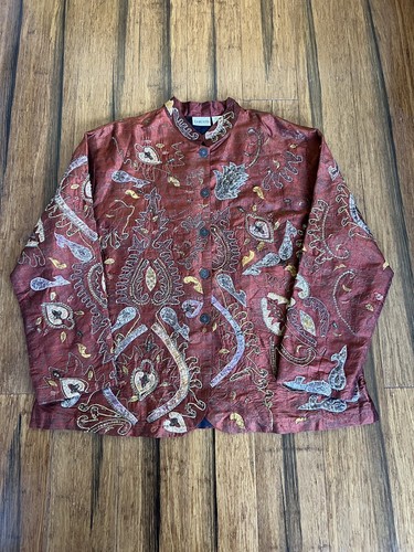 Chico's Damen 100% Seide Jacke Gr. 2 US L bestickt verziert gefüttert