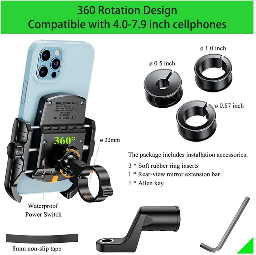 Motorcycle Phone Mount With Charger Wireless & USB C, IP66 Waterproof Motorcycle Phone Holder For 4' - 7' Cellphone, One-Handed Operation - View #7