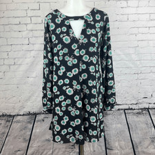 Express Women's Floral Dress Long Sleeve Casual Midi Cutout V Blue Black Medium