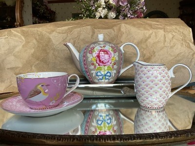 PIP STUDIO PORZELLAN BLUMENFESTIVAL TEEKANNE ~ KANNE & TASSE & UNTERTASSE SEHR GUTER ZUSTAND