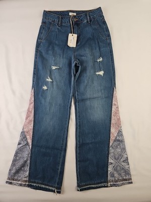 EASEL Got A Feeling Bell Bottom Jeans Pant 70 Style Paisley Insert Size S 27X30