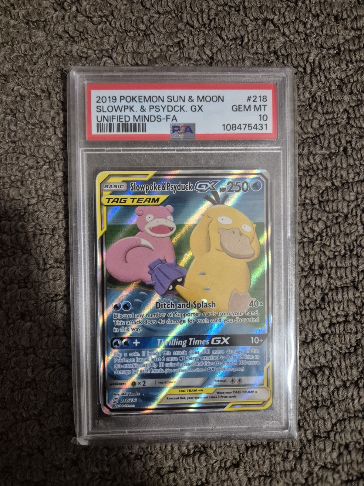 2019 POKEMON SUN & MOON UNIFIED MINDS #218 FULL ART/SLOWPOKE & PSYDUCK GX PSA 10