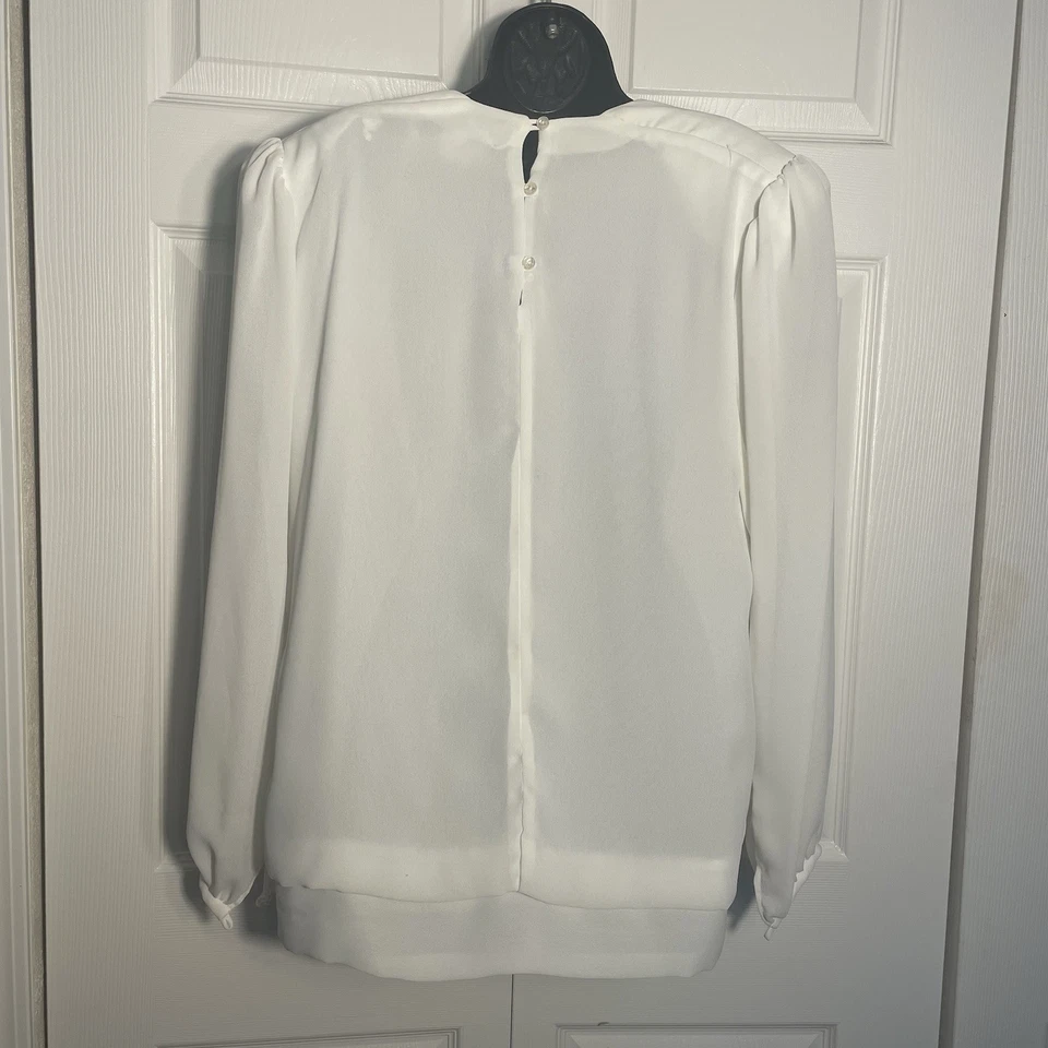 Vintage 80s Jo Hanna York Shirt Women 12 White Faux Wrap Lace Detail Sequin Top - Image 4 of 4
