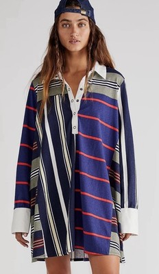 Free People Play Date Rugby Mini Dress Oversized Mixed Stripe Collared L