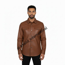 Handmade Brown Stylish Casual Leather Real Lambskin Formal Men's Shirt Biker Fit